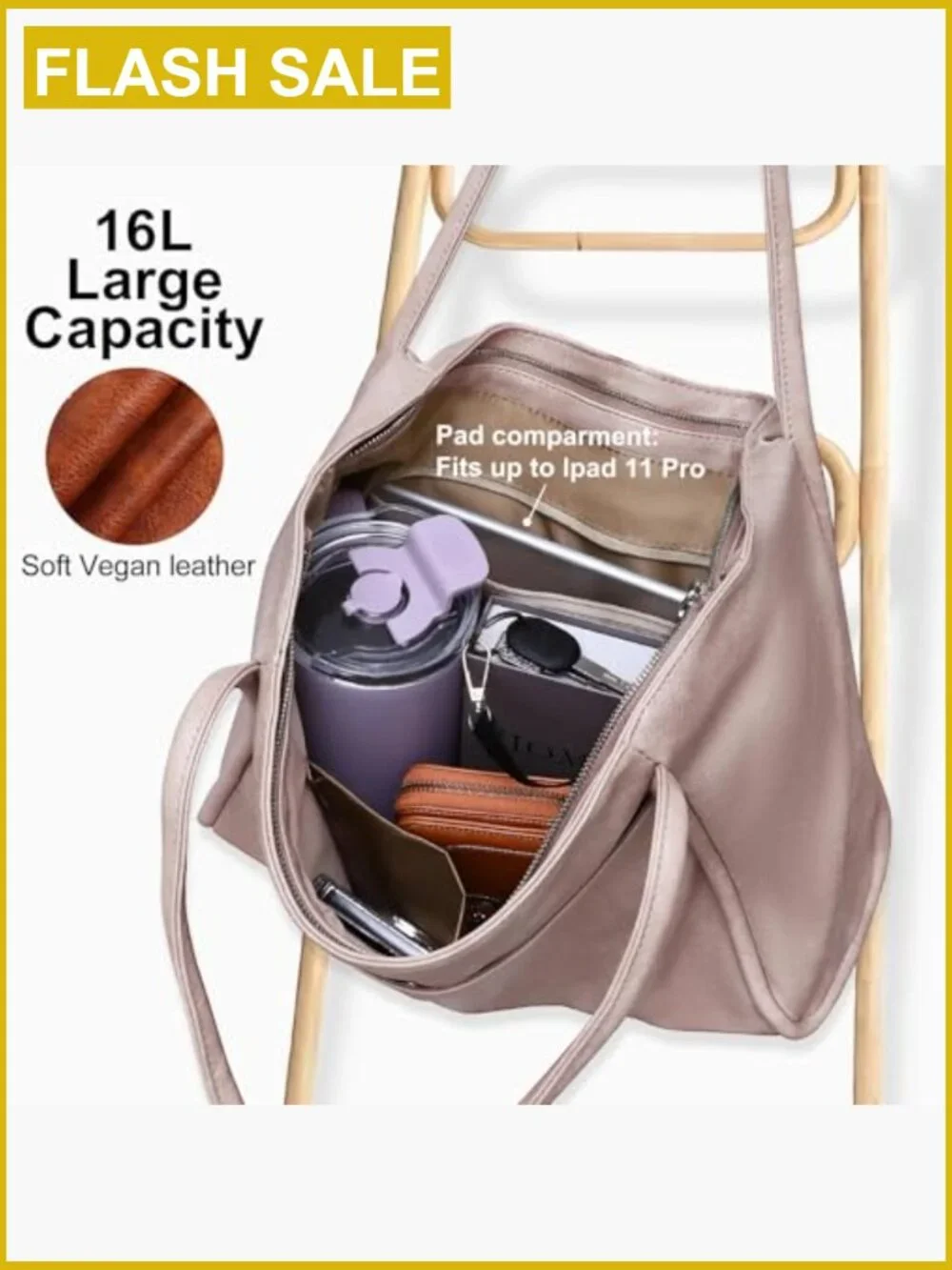 Large Vegan Leather Tote Bag with Zipper 16L Work Travel Handbag